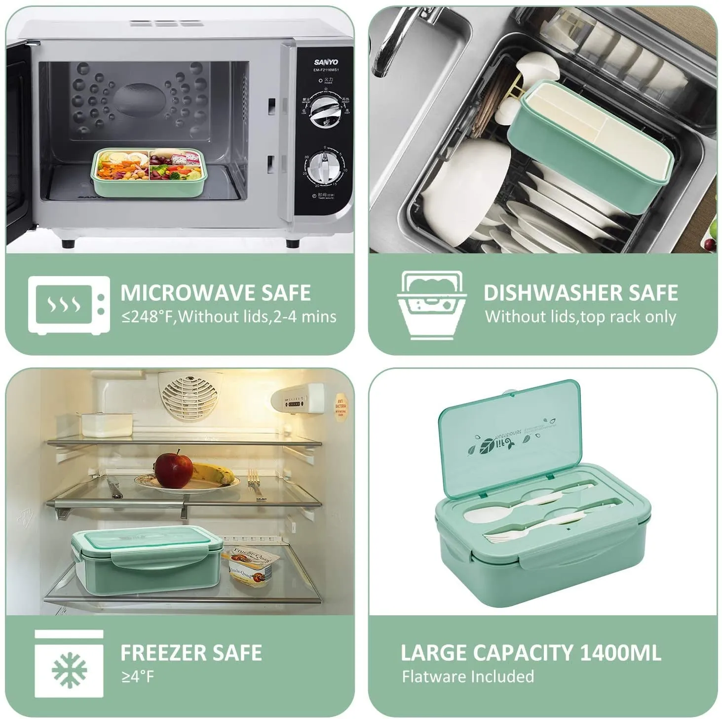 Bento Boxes for All Ages - 1100 ML Capacity Lunch Box with Spoon & Fork for Kids and Adults