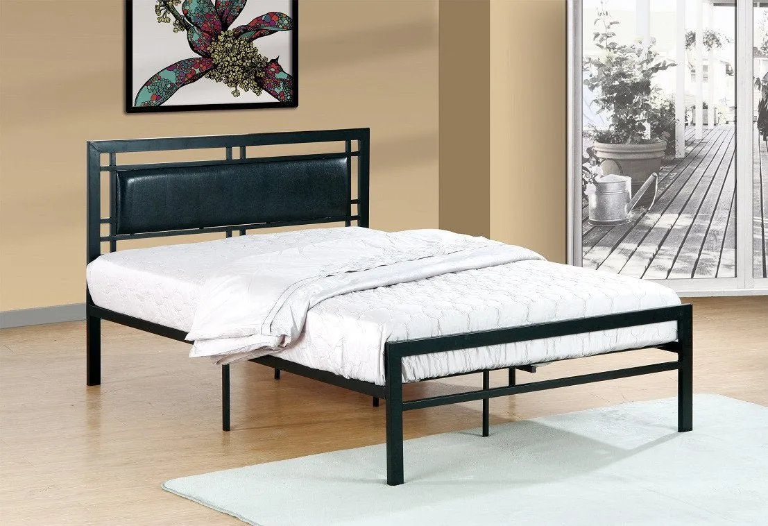 Black Metal platform bed - leatherette headboard