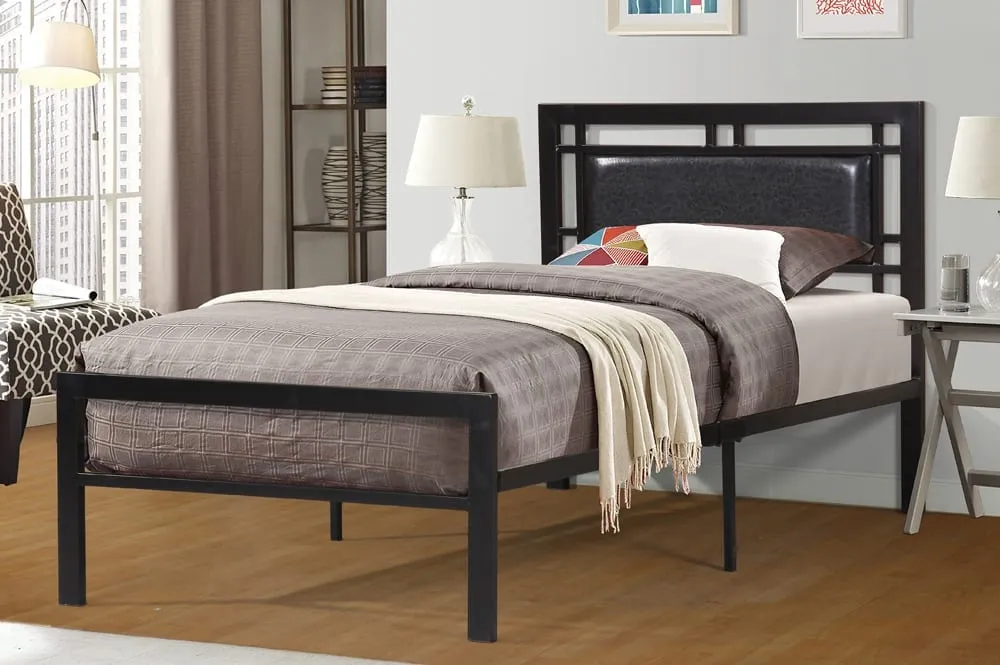 Black Metal platform bed - leatherette headboard