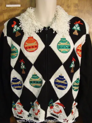 Fancy Fluffy Collar and Ornaments Ugly Christmas Sweater