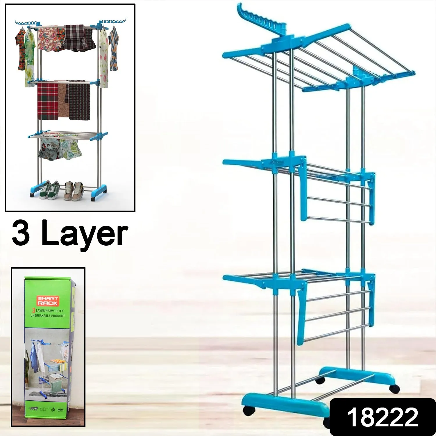 Premium Heavy Duty Stainless Steel 3 Layer Foldable Cloth Drying Stand (1 Set / With Colour Box)