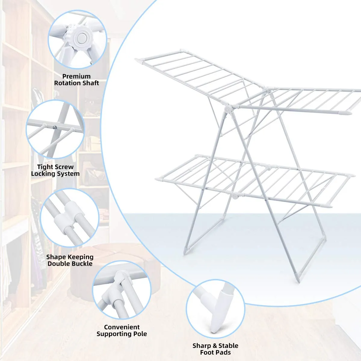 Tangkula Foldable Clothes Drying Rack, Garment Drying Hanger with Adjustable Gullwing