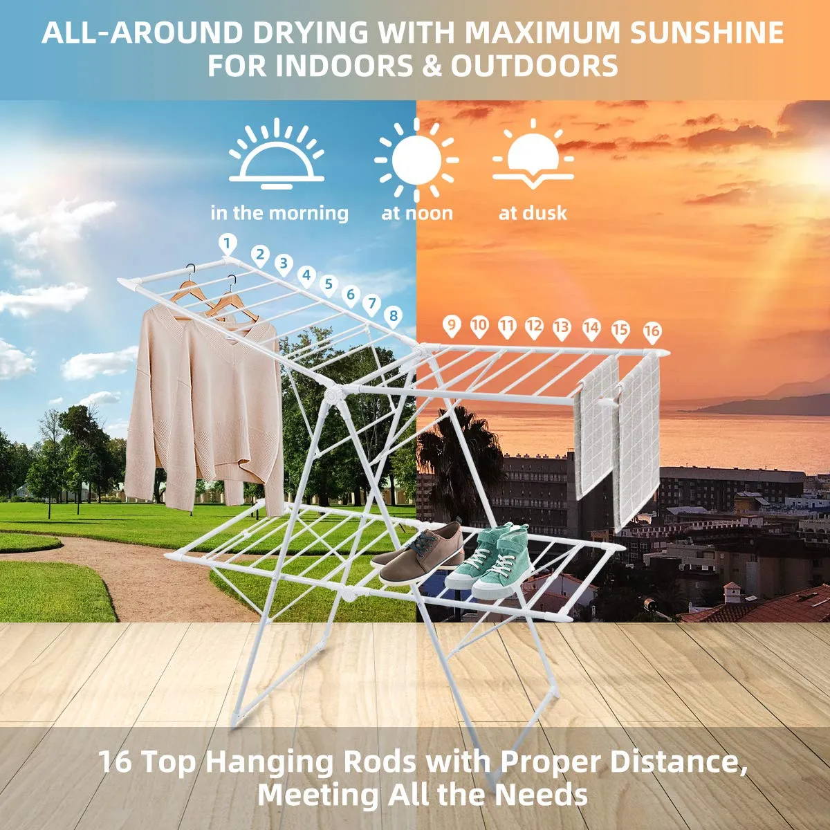 Tangkula Foldable Clothes Drying Rack, Garment Drying Hanger with Adjustable Gullwing