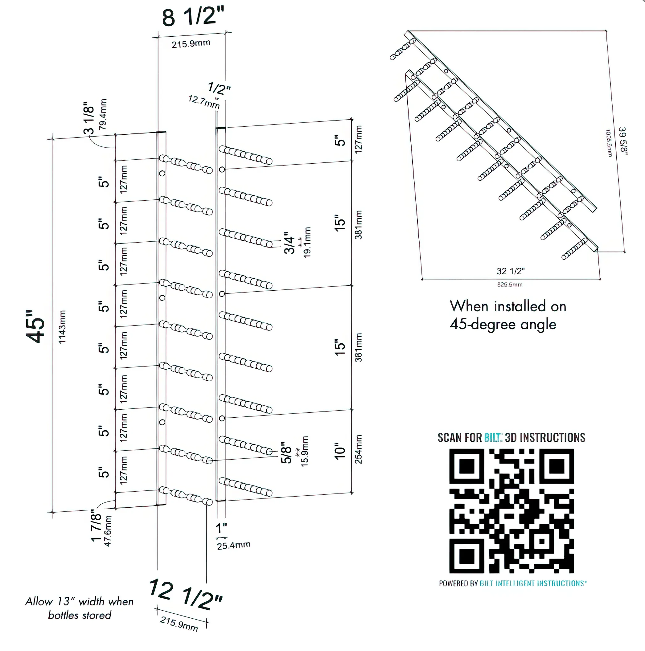 Vino Pins Flex 45° Wall Mounted Wine Rack (27 Bottles - Triple Depth)